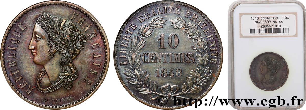 Concours de 10 centimes, essai en cuivre par Boivin, premier revers 1848 Paris VG.3133 SPL64 NGC