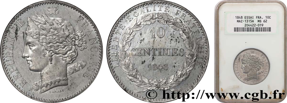 Concours de 10 centimes, essai en étain par Domard, second avers, deuxième revers 1848 Paris VG.3138 var. SUP62 NGC