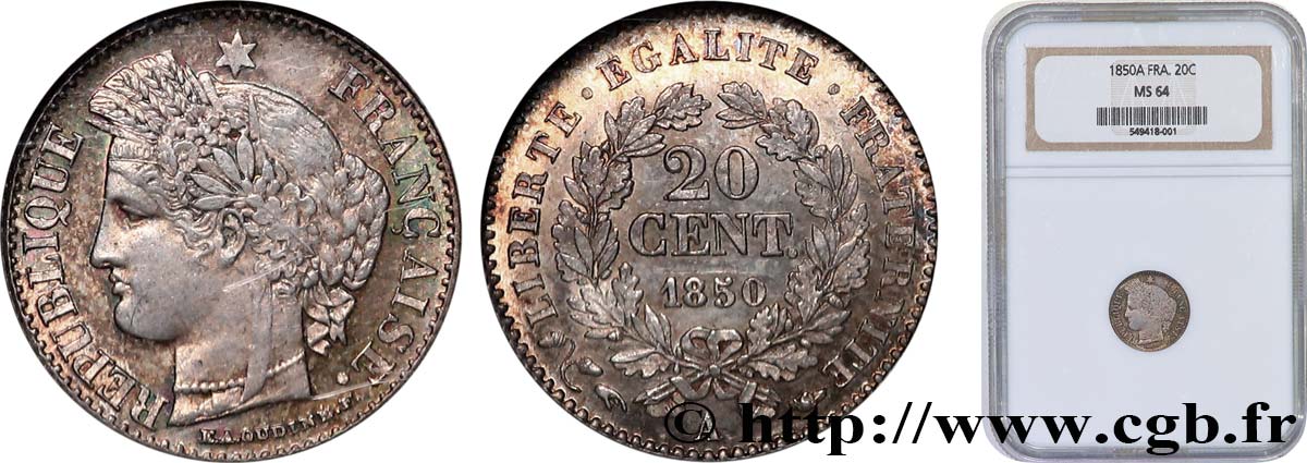 20 centimes Cérès, IIe République 1850 Paris F.146/3 SC64 NGC