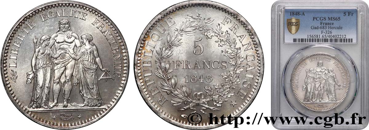 5 francs Hercule, IIe République 1848 Paris F.326/1 FDC65 PCGS