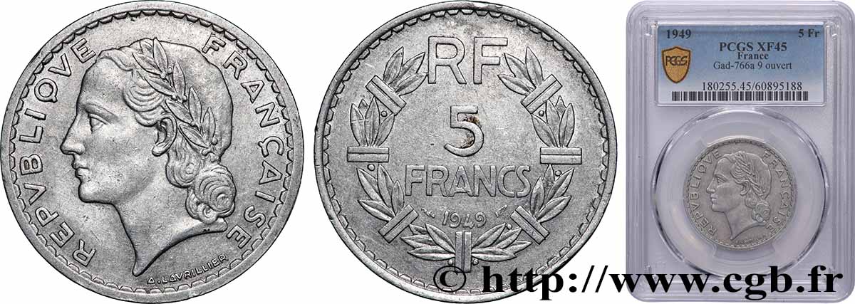 5 francs Lavrillier aluminium, 9 ouvert 1949 F.339/18 XF45 PCGS