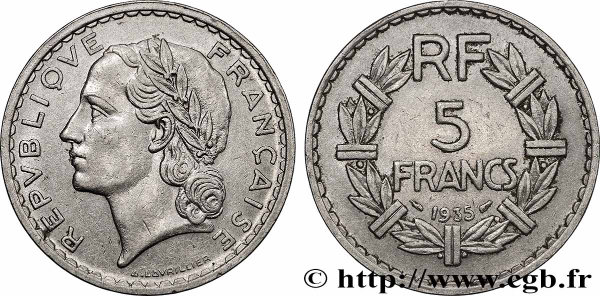 5 francs Lavrillier, nickel 1935 F.336/4 SUP