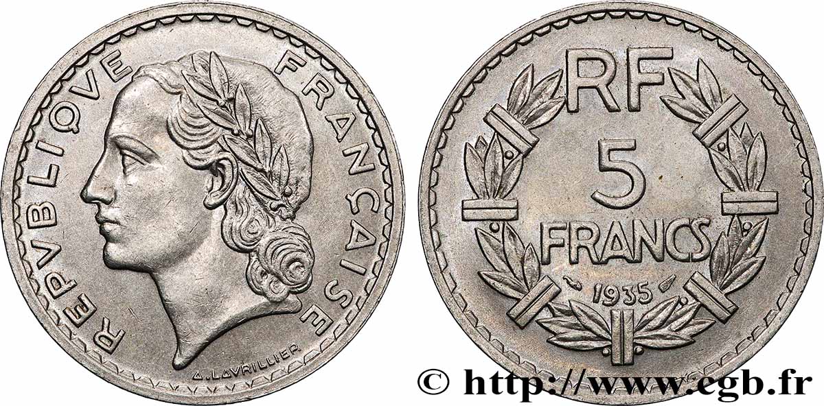 5 francs Lavrillier, nickel 1935 F.336/4 SUP