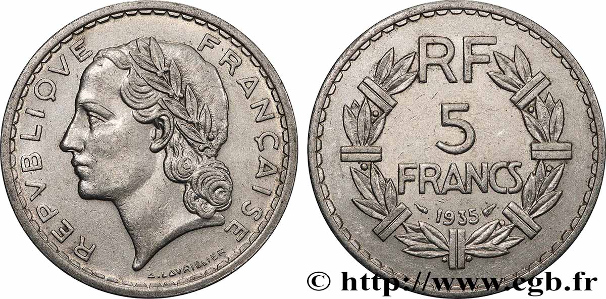 5 francs Lavrillier, nickel 1935 F.336/4 EBC