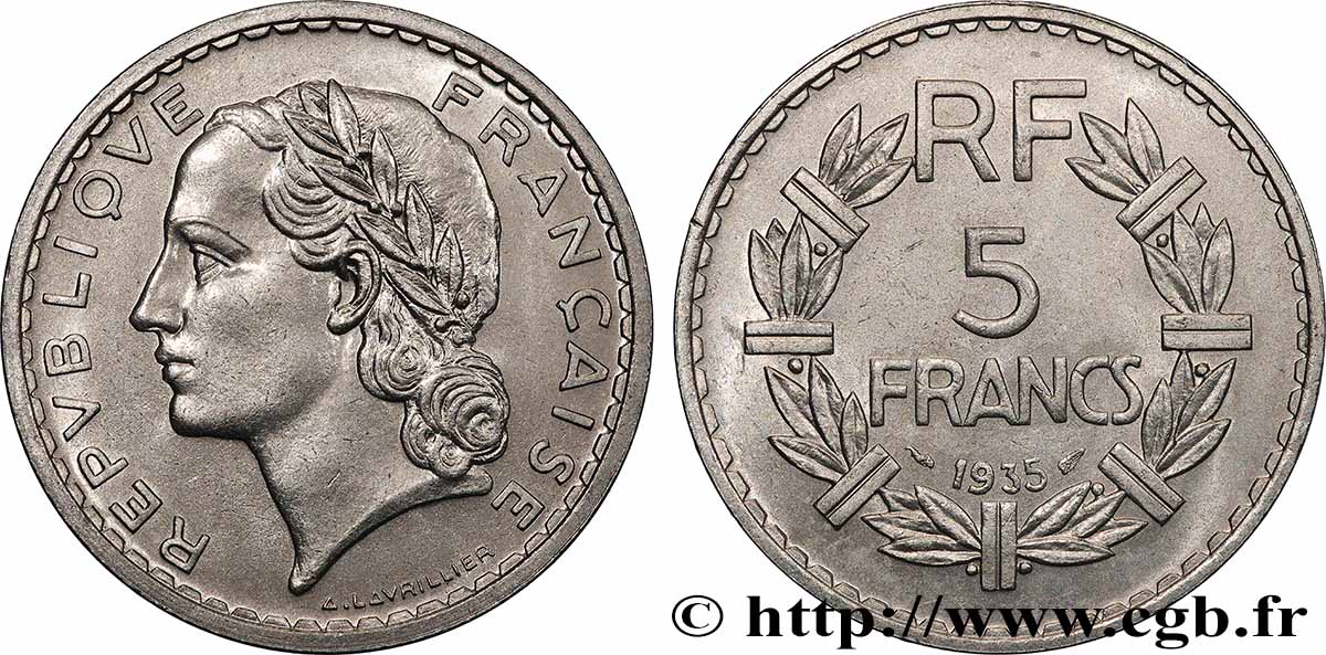 5 francs Lavrillier, nickel 1935 F.336/4 EBC