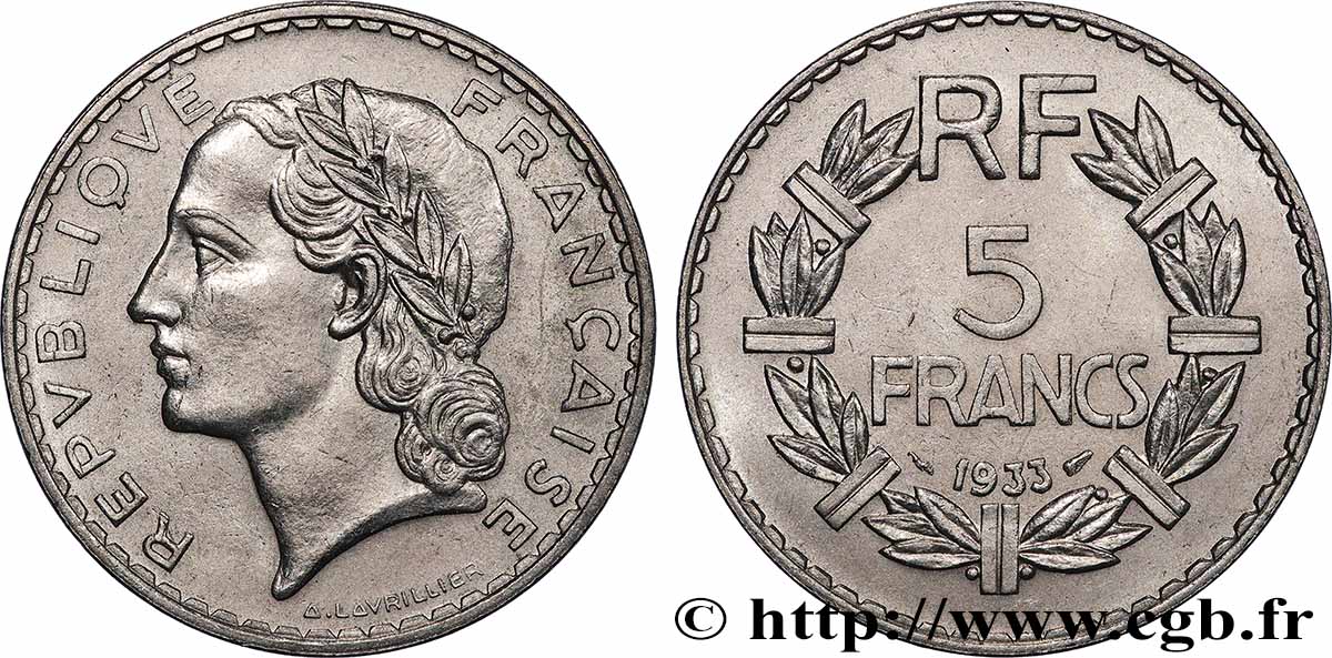 5 francs Lavrillier, nickel 1933 F.336/2 SUP