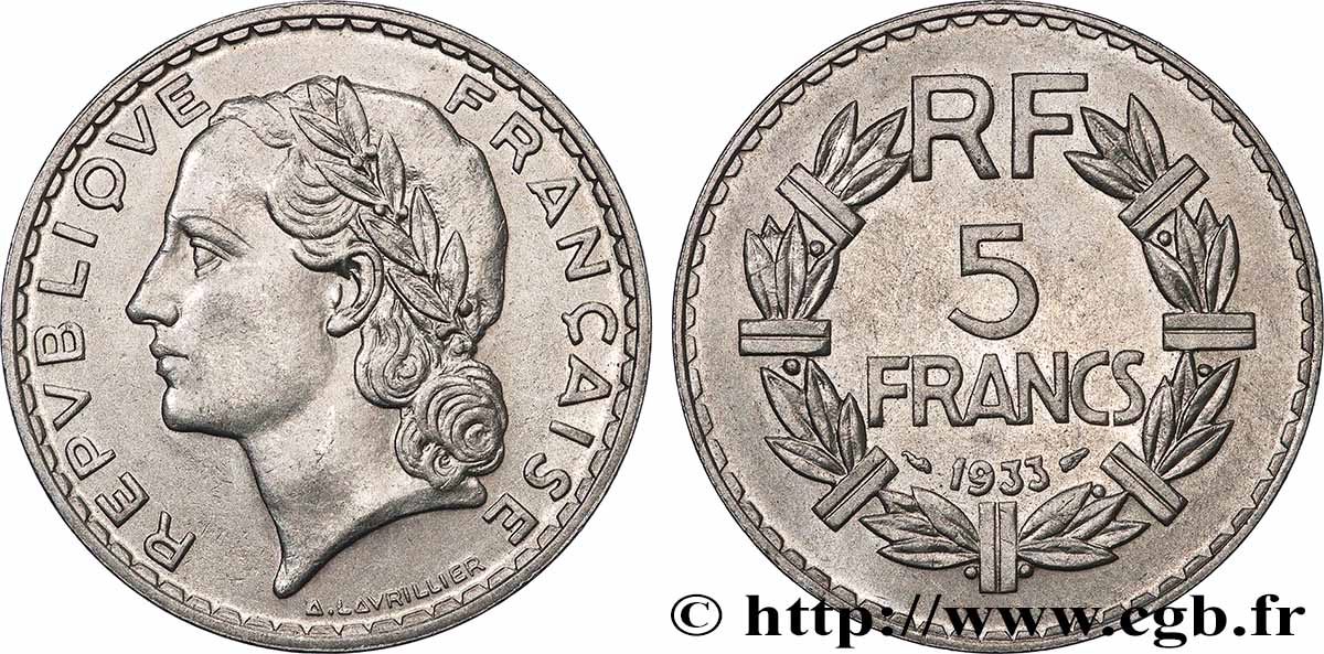 5 francs Lavrillier, nickel 1933 F.336/2 SPL+