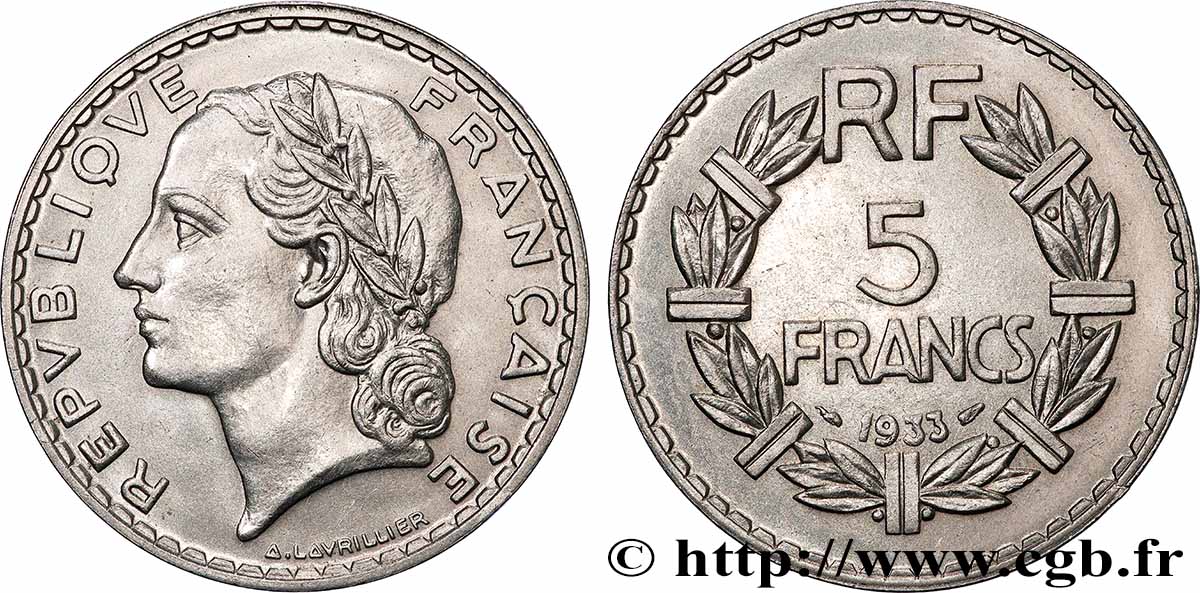 5 francs Lavrillier, nickel 1933 F.336/2 SUP+