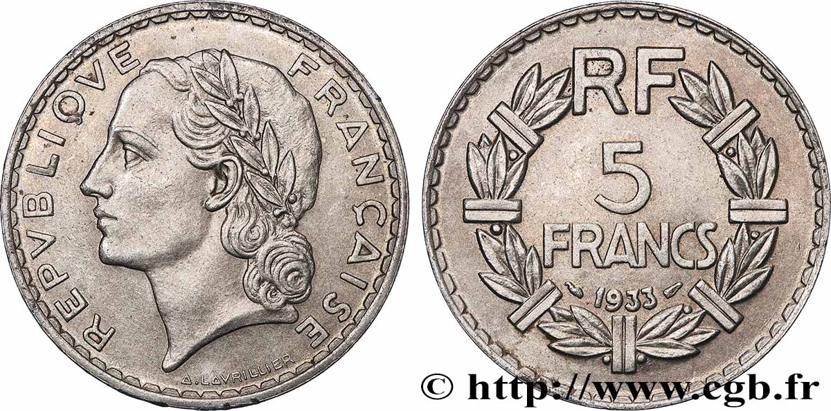 5 francs Lavrillier, nickel 1933 F.336/2 SPL+