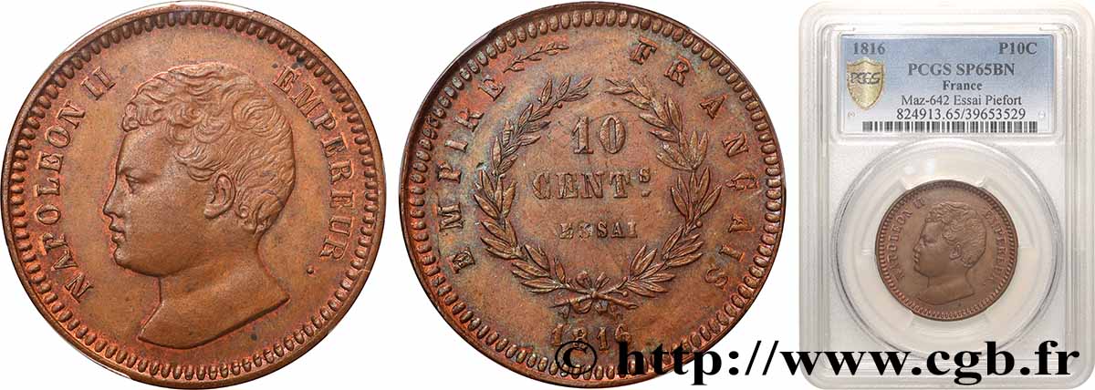 Essai Piéfort de 10 centimes en bronze 1816 VG.2412 var. FDC65 PCGS