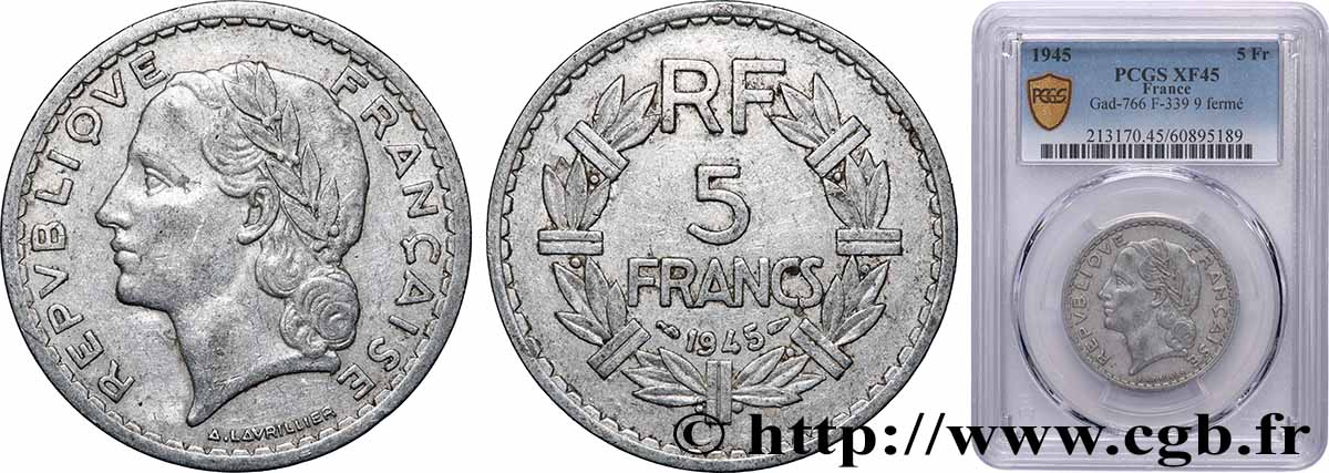 5 francs Lavrillier, aluminium, 9 fermé 1945 F.339/2 TTB45 PCGS