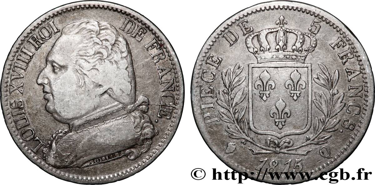 5 francs Louis XVIII, buste habillé 1815 Perpignan F.308/29 VF