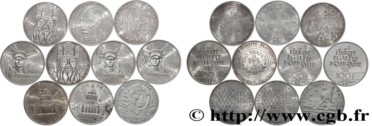 Lot de 10 pièces de 100 francs commémoratives - - F.-/ MBC