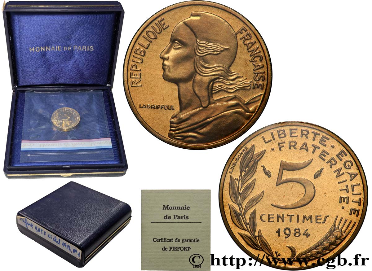 Piéfort Br-Al de 5 centimes Marianne, Certificat n°001 1984 Pessac GEM.22 P1 FDC