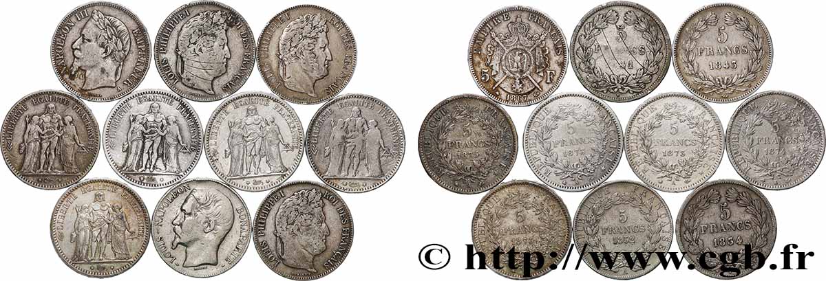 Lot de dix écus de 5 francs n.d. F.-/ TB