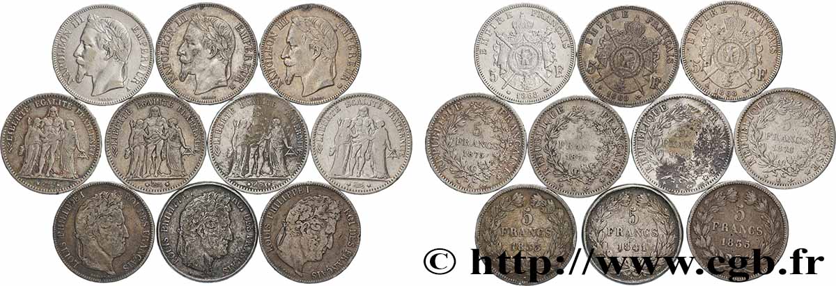 Lot de dix écus de 5 francs n.d. F.-/ VF