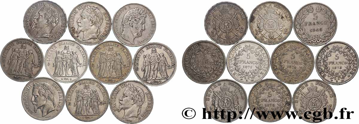 Lot de dix écus de 5 francs n.d. F.-/ VF