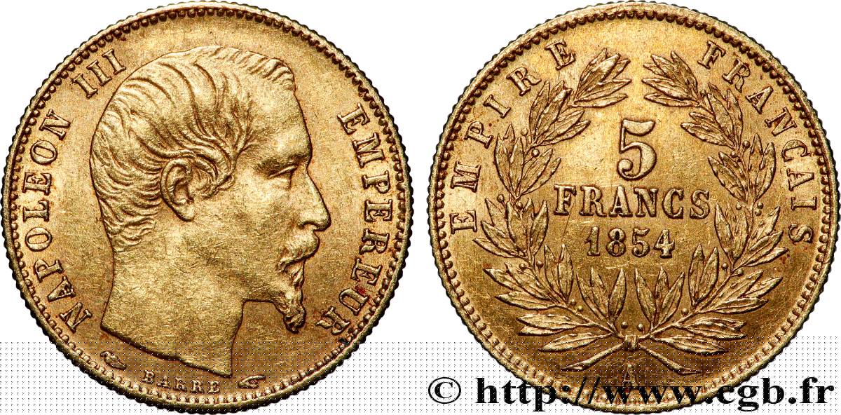 5 francs or Napoléon III, tête nue, petit module, tranche cannelée 1854 Paris F.500A/1 SUP