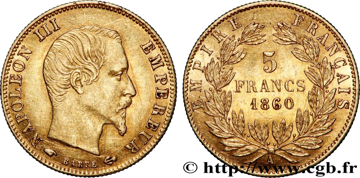 5 francs or Napoléon III, tête nue, grand module 1860 Paris F.501/10 TTB+