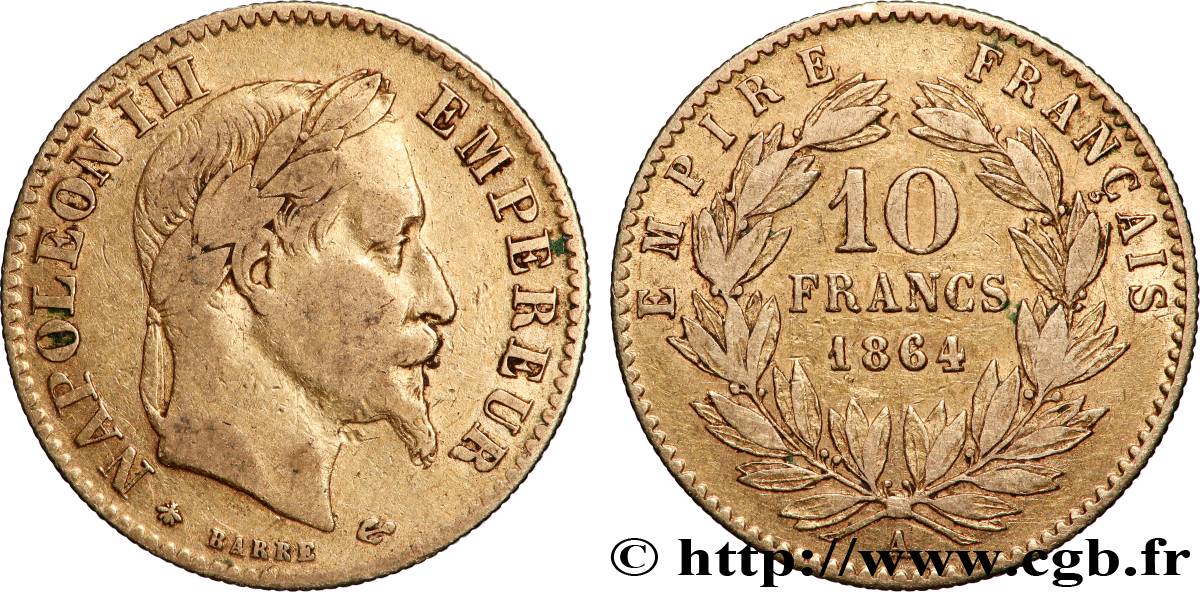 10 francs or Napoléon III, tête laurée, type définitif à grand 10 1864 Paris F.507A/6 TB