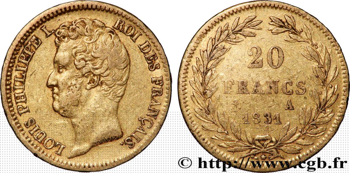20 francs or Louis-Philippe, Tiolier, tranche inscrite en creux 1831 Paris F.524/2 BC+
