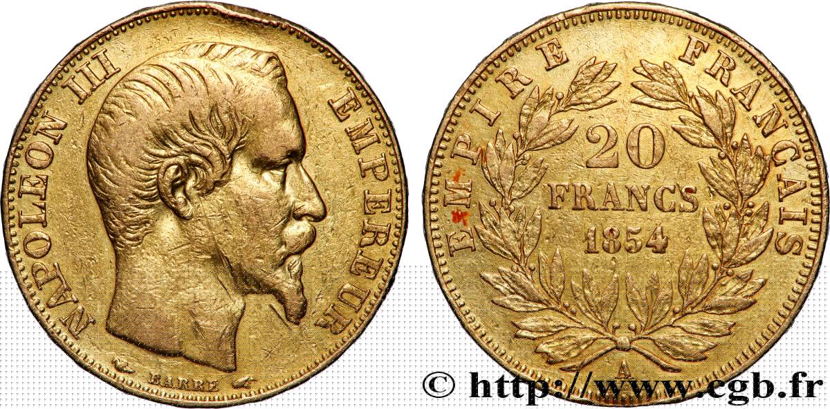 20 francs or Napoléon III, tête nue 1854 Paris F.531/2 XF