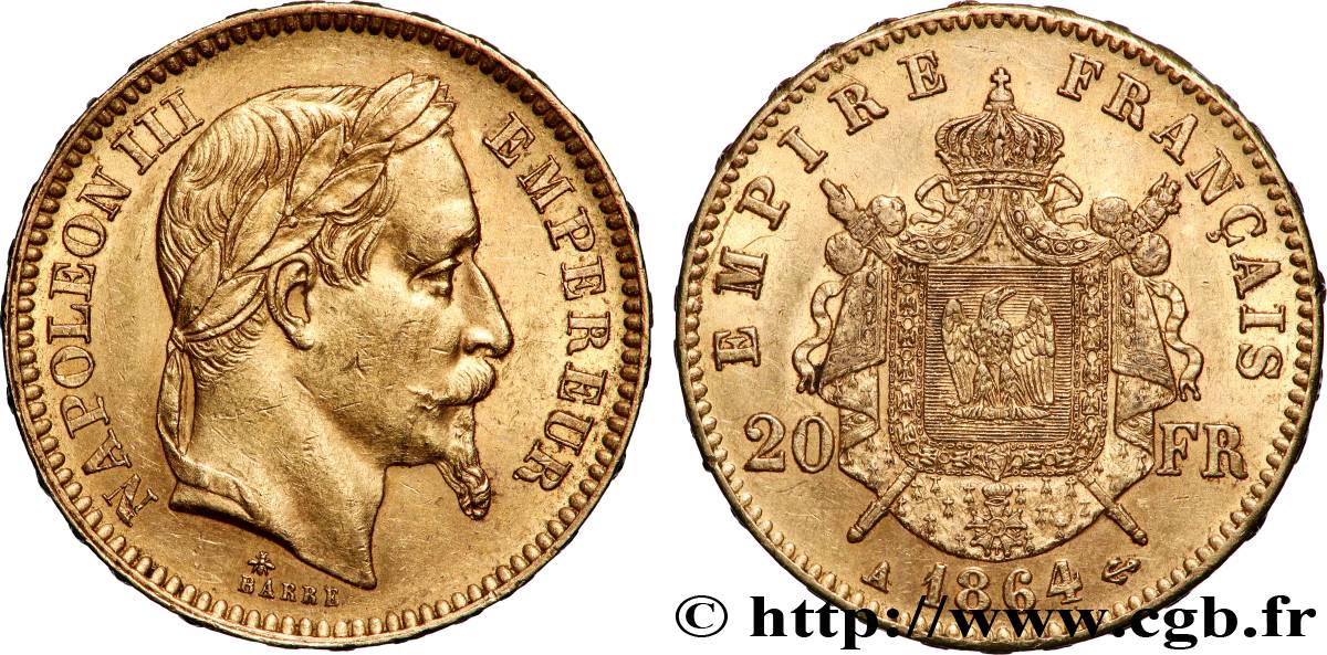 20 francs or Napoléon III, tête laurée 1864 Paris F.532/8 AU