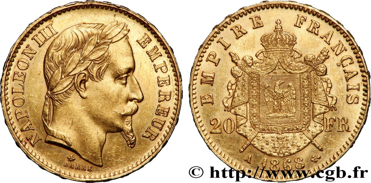 20 francs or Napoléon III, tête laurée 1868 Paris F.532/18 AU