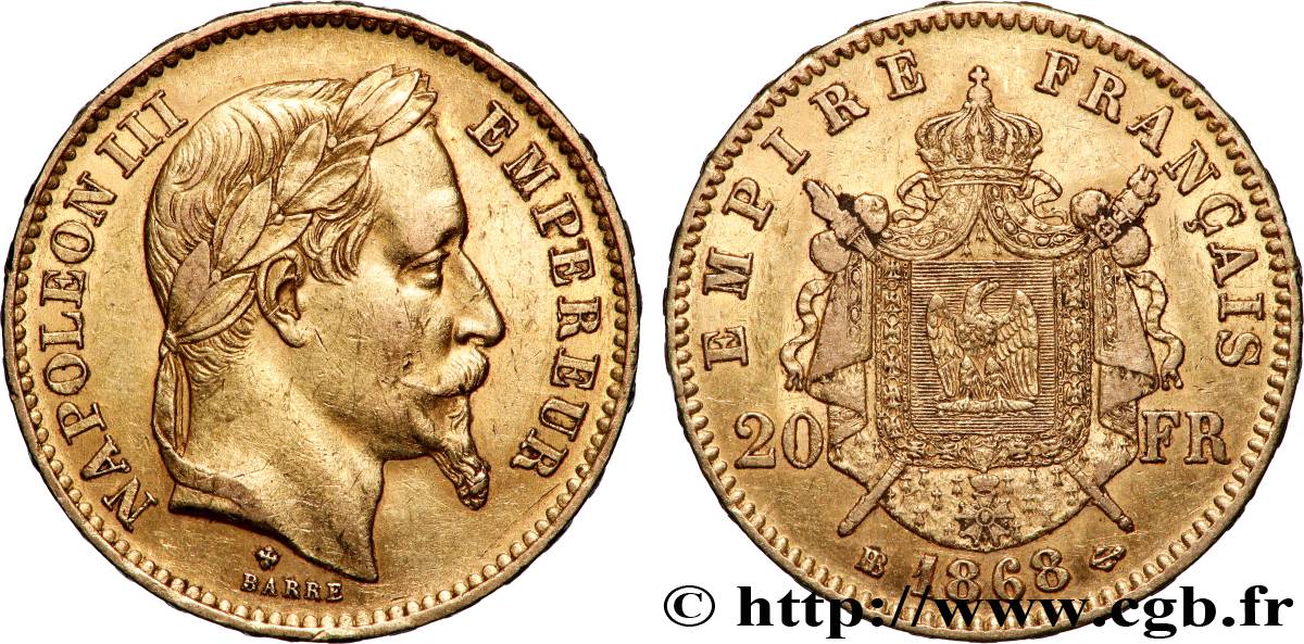20 francs or Napoléon III, tête laurée 1868 Strasbourg F.532/19 XF