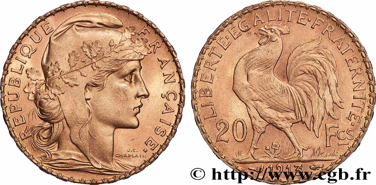 20 francs or Coq, Liberté Égalité Fraternité 1913 Paris F.535/7 MS