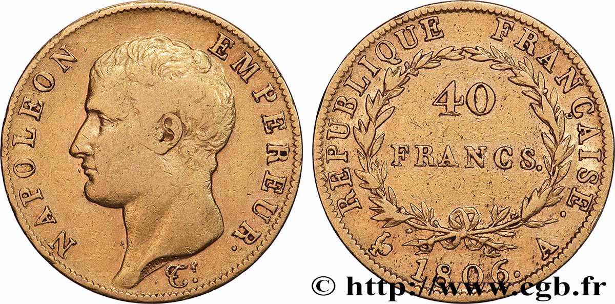 40 francs or Napoléon tête nue, Calendrier grégorien 1806 Paris F.538/1 BC+