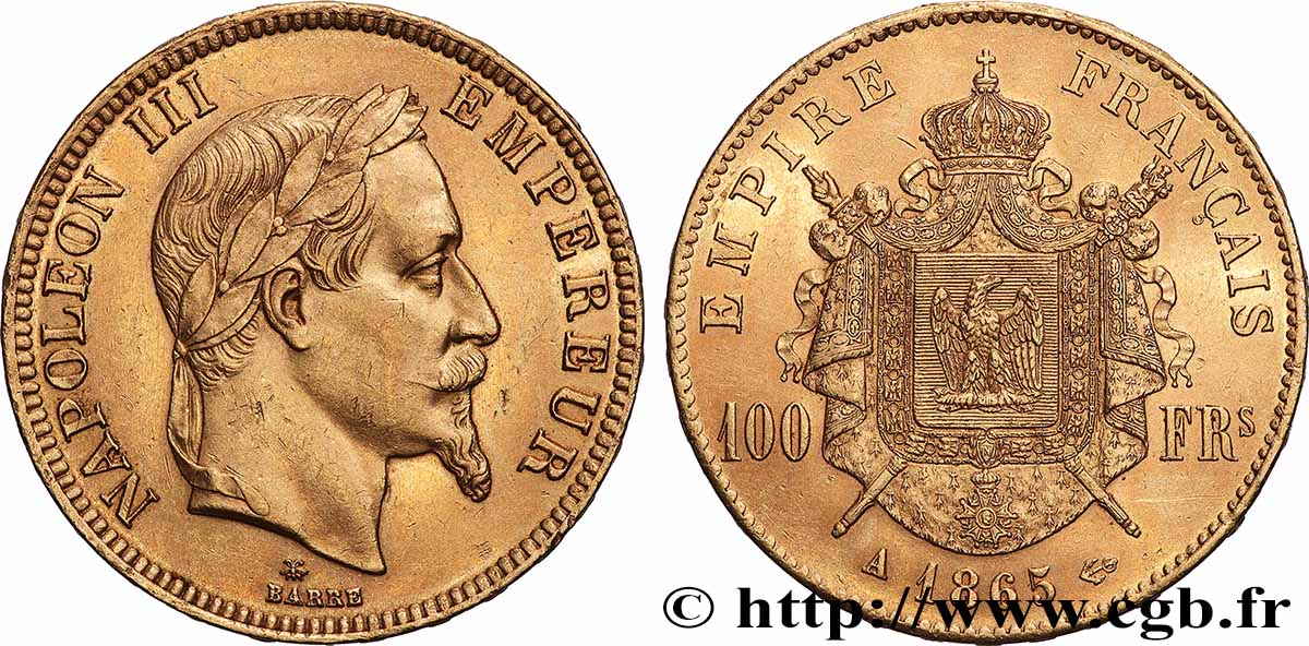 100 francs or Napoléon III, tête laurée 1865 Paris F.551/5 AU