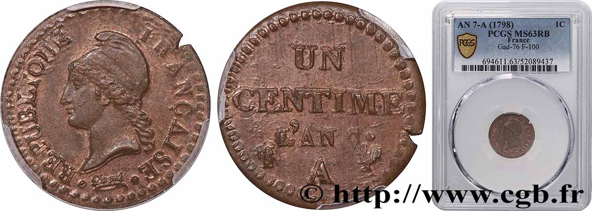 Un centime Dupré, grand 7 1799 Paris F.100/16 SPL63 PCGS
