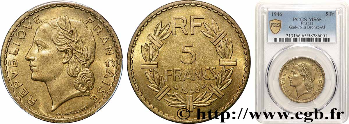 5 francs Lavrillier, bronze-aluminium 1946 F.337/7 MS65 PCGS