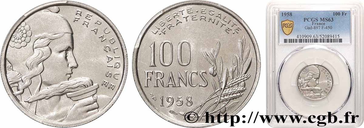 100 francs Cochet 1958 F.450/12 SPL63 PCGS