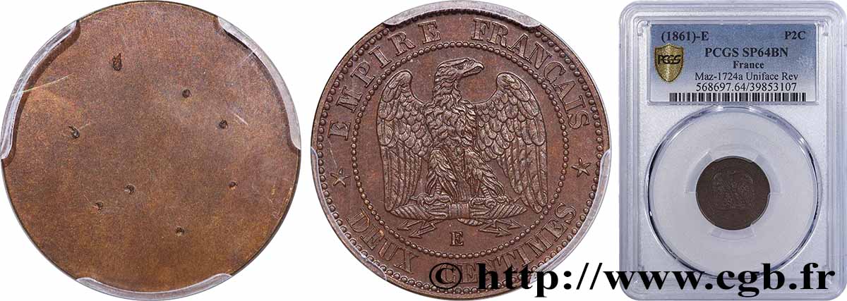 Essai uniface revers de Deux centimes Napoléon III, tête laurée n.d. Maz.1724 a SPL64 PCGS