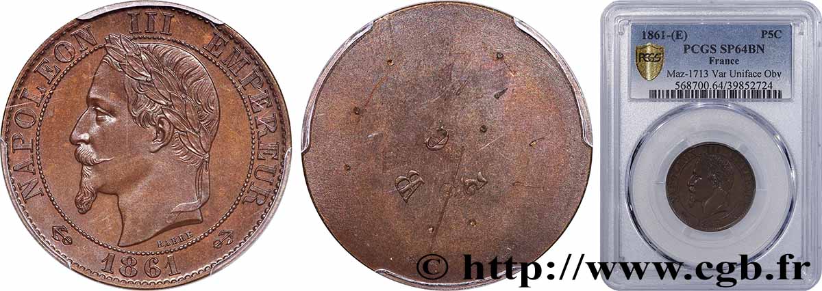 Essai uniface avers de Cinq centimes Napoléon III, tête laurée 1861 Maz.1713 var. SPL64 PCGS