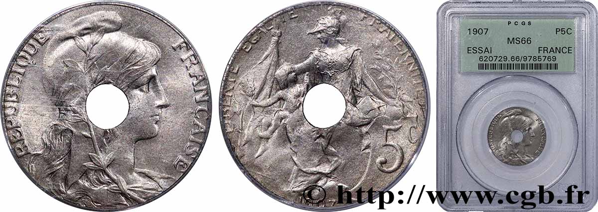 Épreuve de 5 centimes Daniel-Dupuis, flan nickel perforé 1907 GEM.14 17 FDC66 PCGS