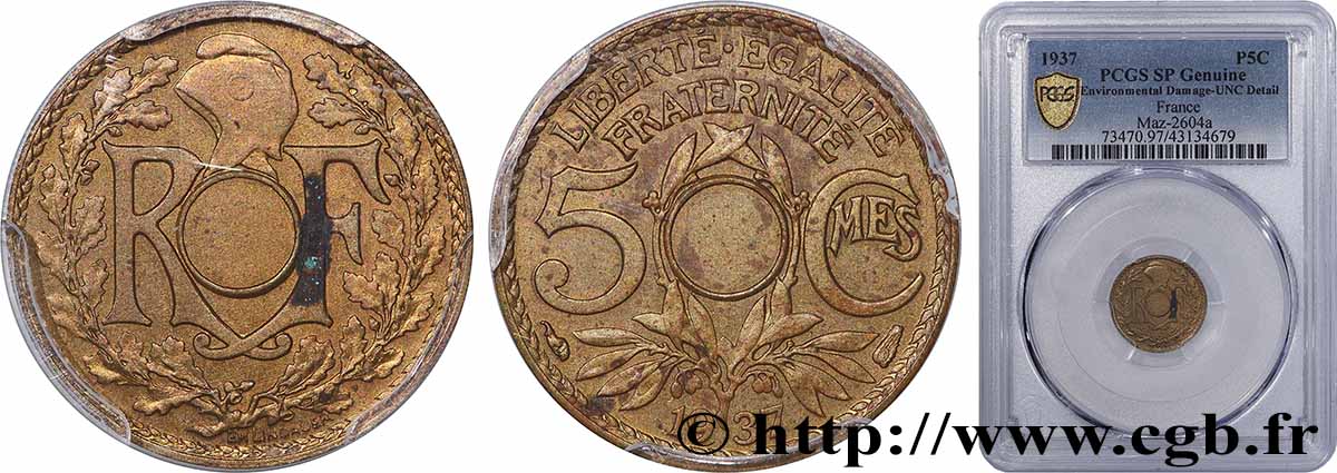 Essai de métal non perforé de 5 centimes Lindauer 1937 GEM.19 6 SUP+ PCGS