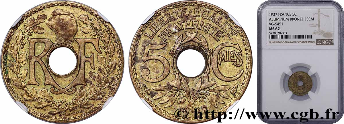 Essai de métal perforé de 5 centimes Lindauer 1937 GEM.19 7 SUP62 NGC