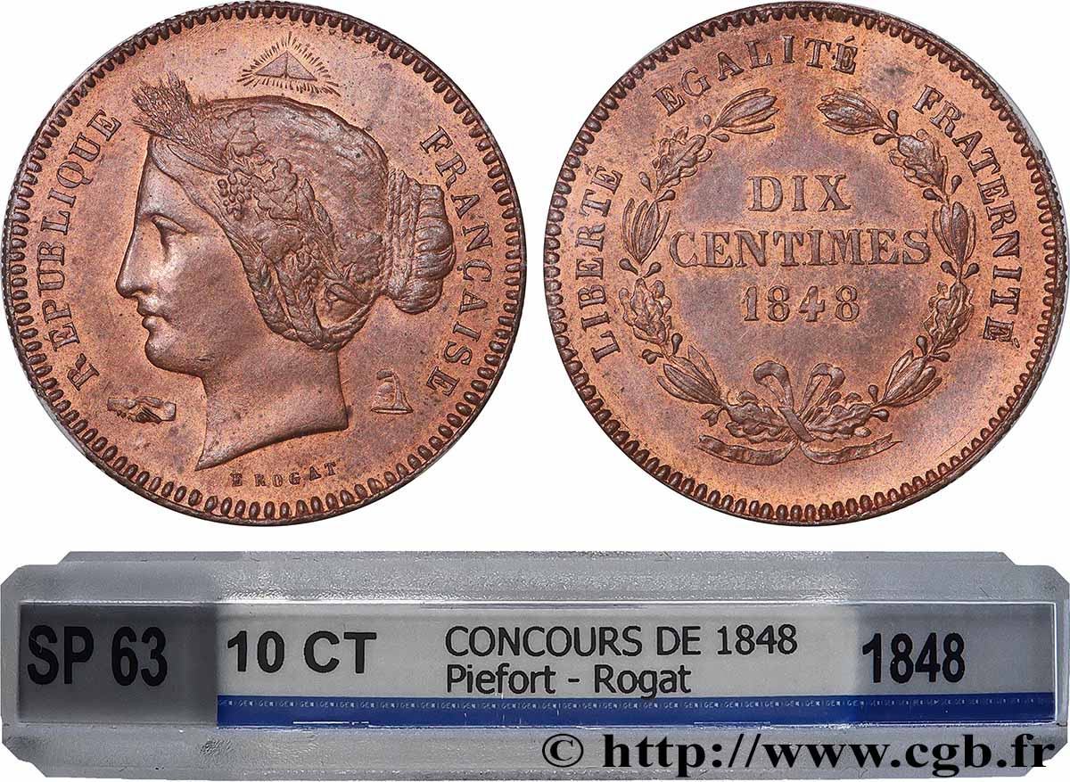 Piéfort au quadruple (ou double piéfort) du Concours de 10 centimes, essai en cuivre par Rogat, premier concours, deuxième revers 1848 Paris VG.3152 var. SPL63 GENI