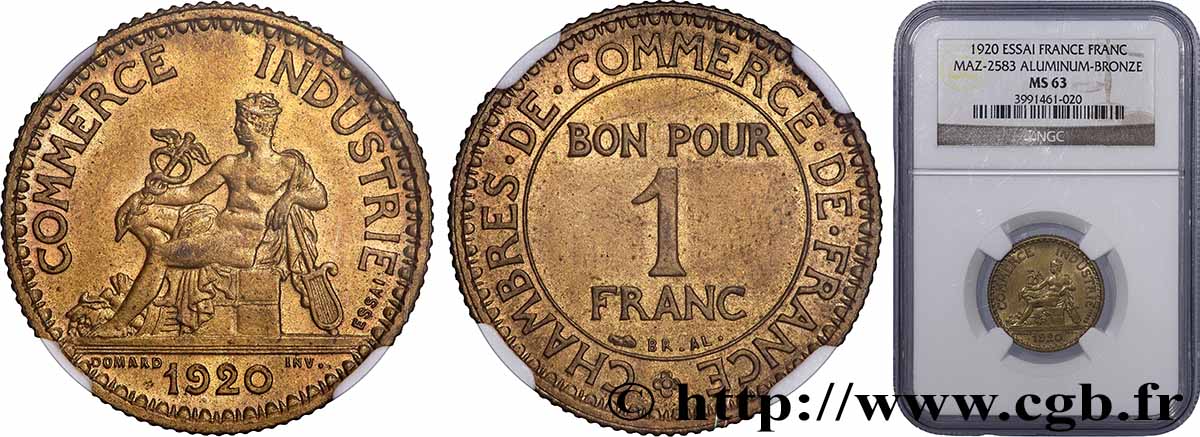 Essai de 1 franc Chambres de Commerce 1920 Paris F.218/1 SPL63 NGC