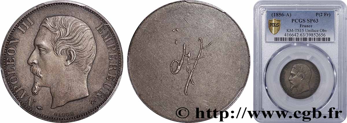 Épreuve uniface de l’avers de 2 francs Napoléon III, tête nue, en bronze argenté 1856 Paris G.2025.523 avers SPL63 PCGS