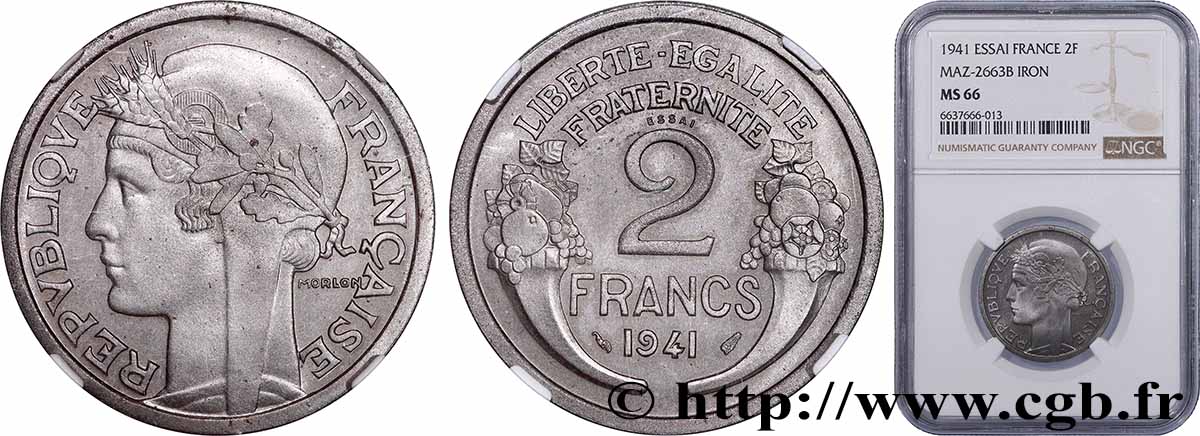 Essai en fer de 2 francs Morlon 1941 Paris GEM.114 3 ou 4 FDC66 NGC