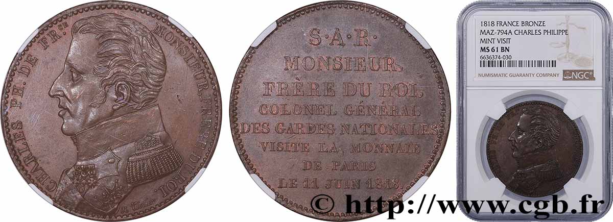 Monnaie de visite, module de 5 francs, pour Charles Philippe de France à la Monnaie de Paris 1818 T.T.2719 3 SUP61 NGC