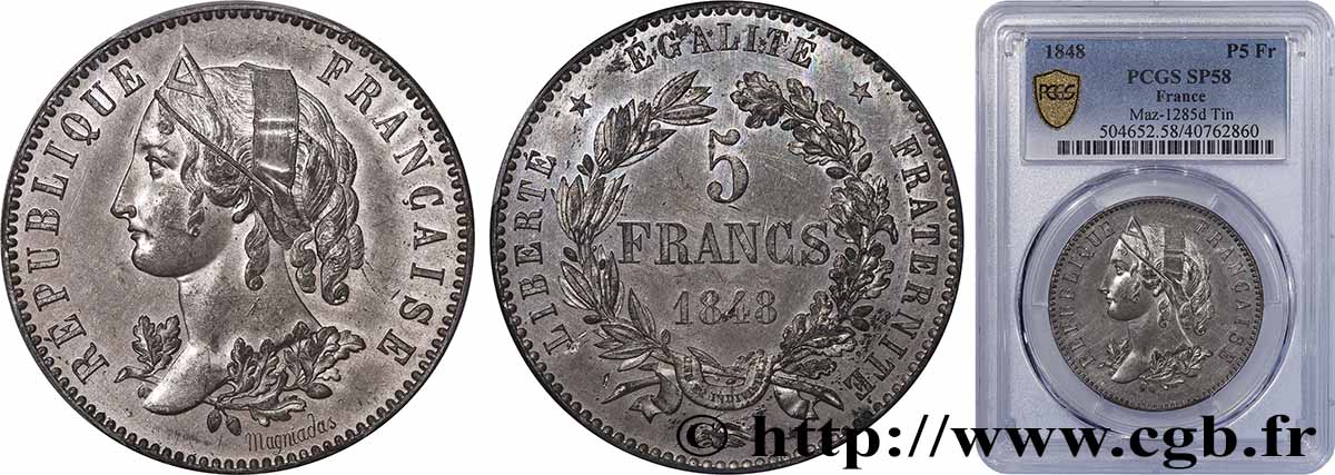 Concours de 5 francs, essai en étain par Magniadas 1848 Paris VG.3082 var SUP58 PCGS