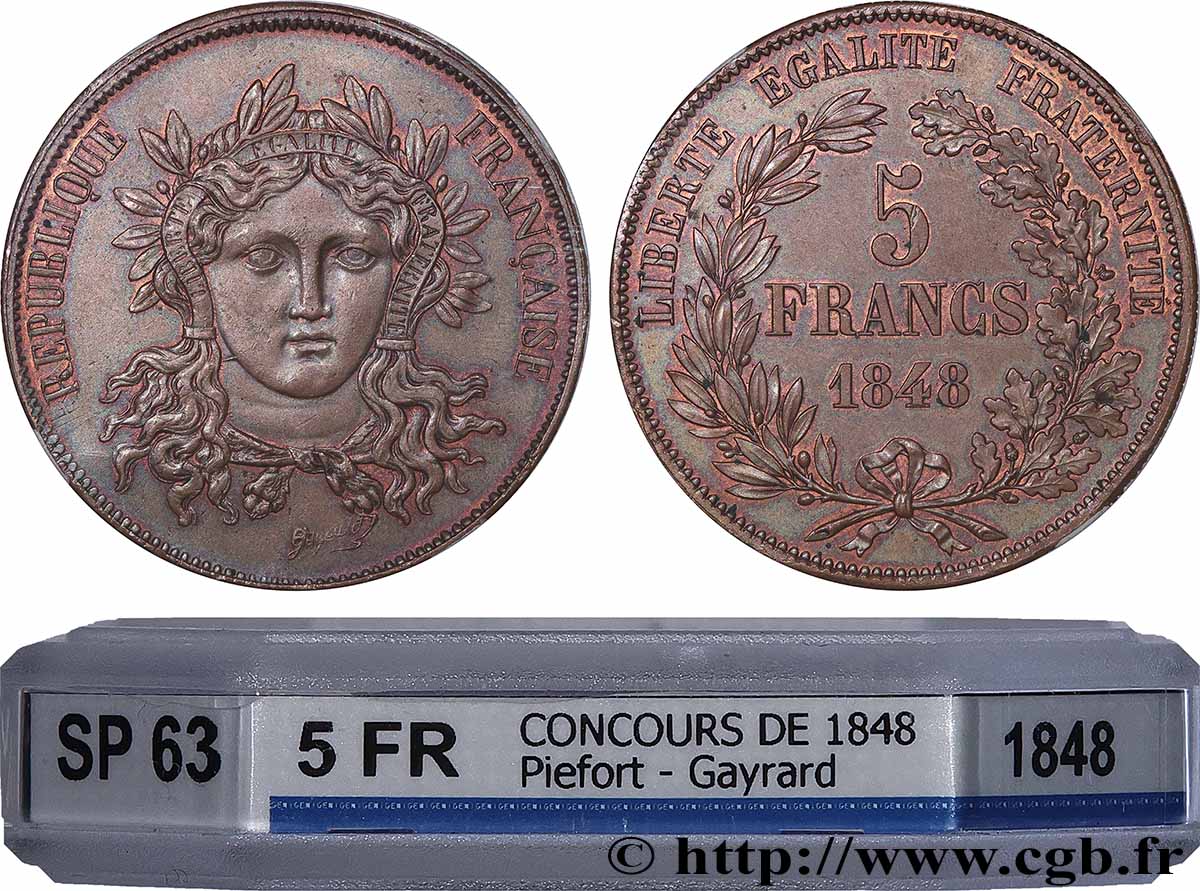 Concours de 5 francs, piéfort en cuivre au double de Gayrard, tranche inscrite 1848 Paris VG.3078 var. fST63 GENI