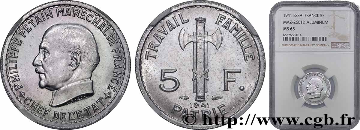 Essai de 5 francs Pétain en aluminium, 3e projet de Bazor (type adopté) 1941 Paris GEM.142 62 SPL63 NGC