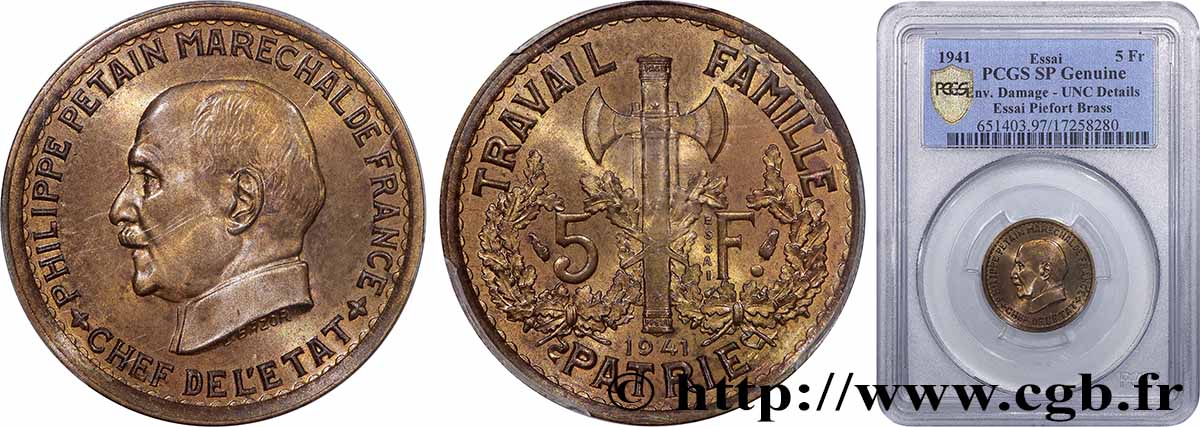 Épreuve de 5 francs Pétain en laiton, 1er projet de Bazor, frappe médaille 1941 Paris GEM.142 15 SUP+ PCGS