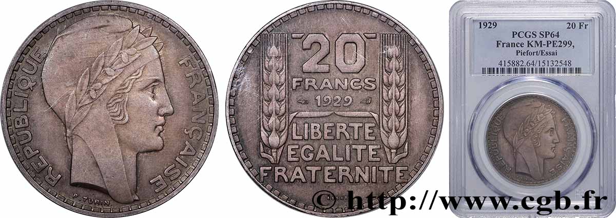 Essai-piéfort de 20 francs Turin 1929 Paris GEM.199 EP SPL64 PCGS